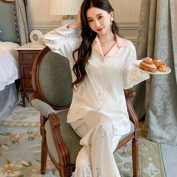 春夏新款冰丝睡衣女可爱幸运兔轻奢高级感休闲长袖长裤家居服套装