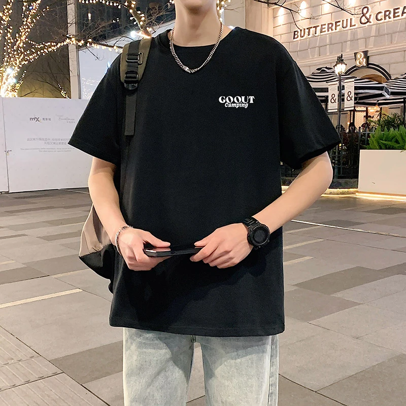 上衣圆领旅游夏季潮流大码法式工装男装短袖T恤休闲