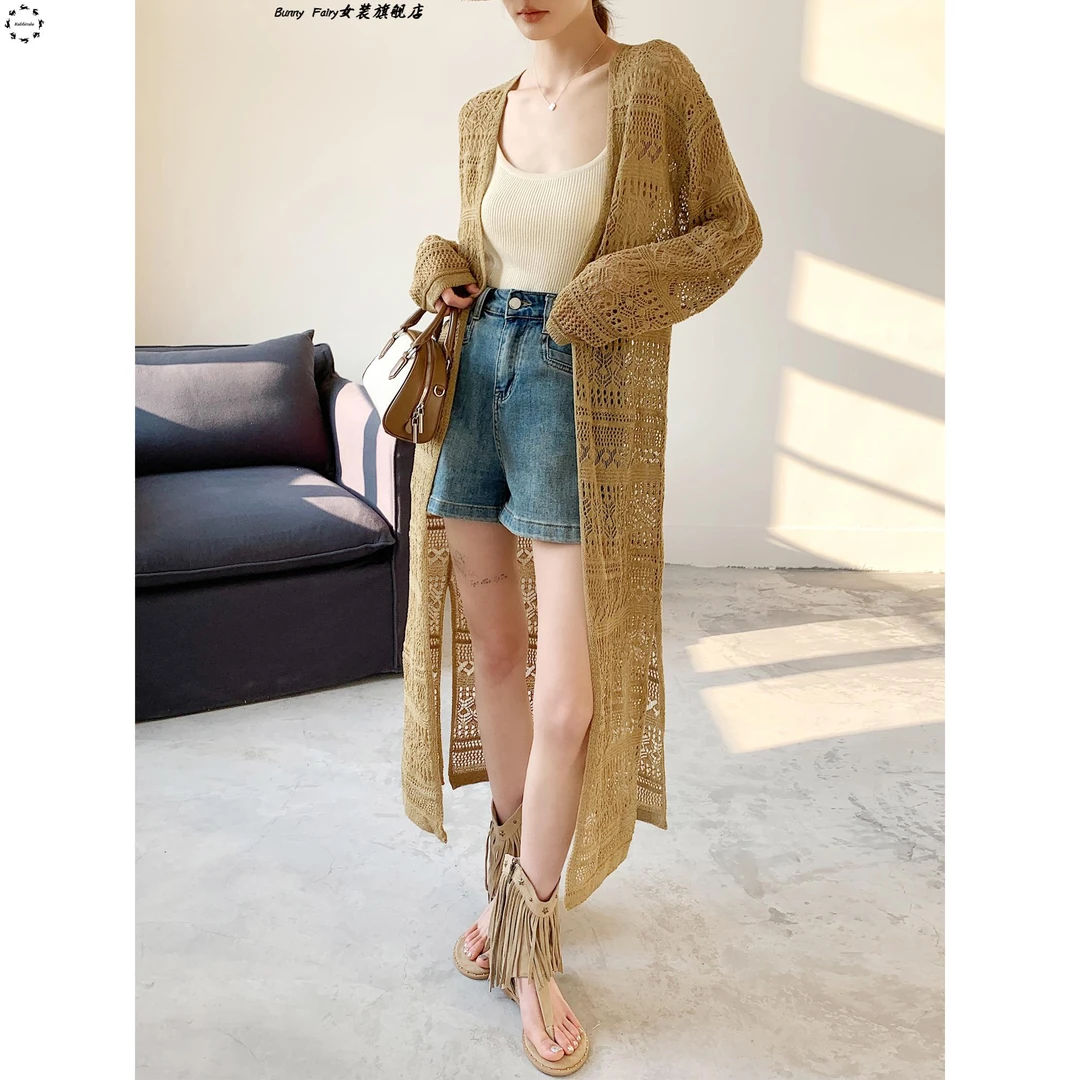 春夏新款冰丝镂空长款针织开衫女薄款宽松外搭长袖罩衫防晒外套女