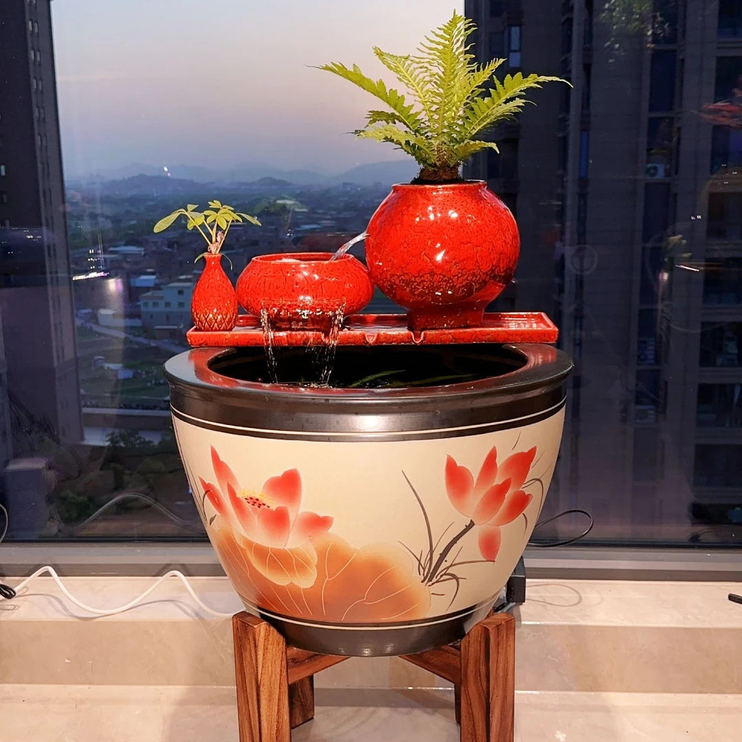 古法鱼缸造景全套陶瓷大缸客厅锦鲤鱼缸循环孔雀色造景大套餐