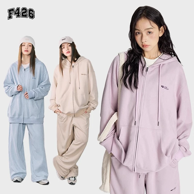 F426国潮牌秋季慵懒风情侣卫衣卫裤春秋仿麂皮休闲运动套装5224