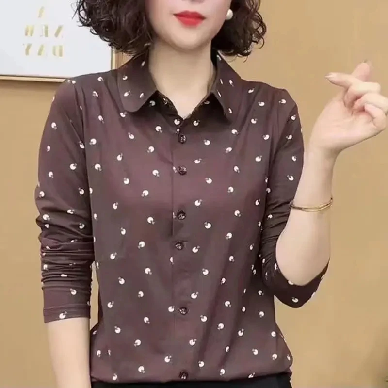 早春新款翻领T恤女士印花长袖洋气时尚薄款百搭气质大码打底衫