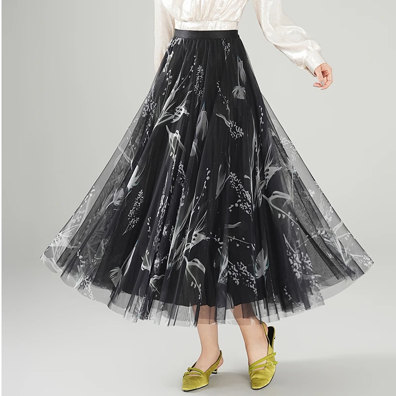 2025春季新款印花纱网大摆半身裙女时尚洋气减龄休闲中长款A字裙