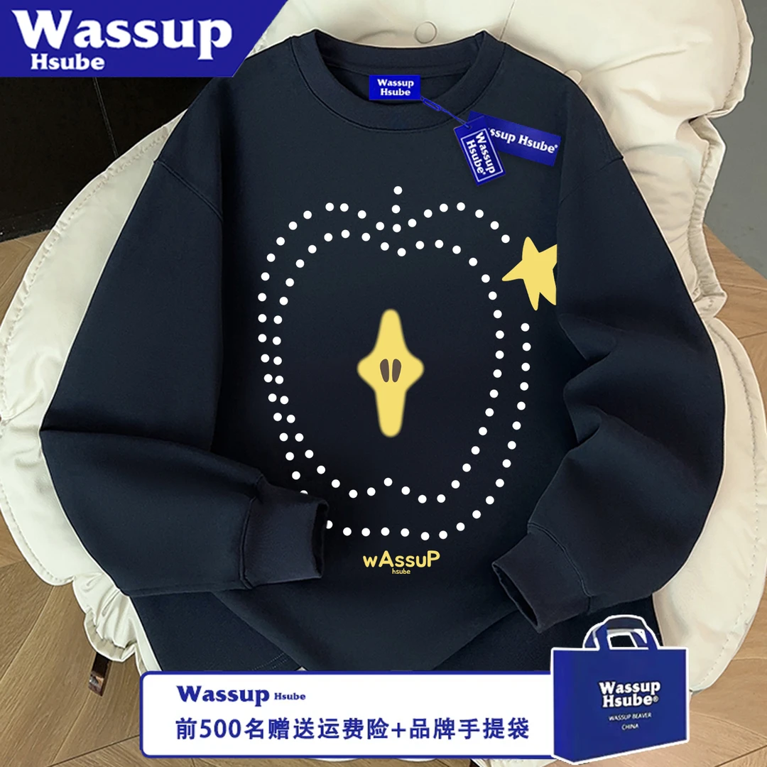 WASSUP HSUBE潮流可爱长袖休闲秋冬宽松圆领苹果印花百搭情侣上衣