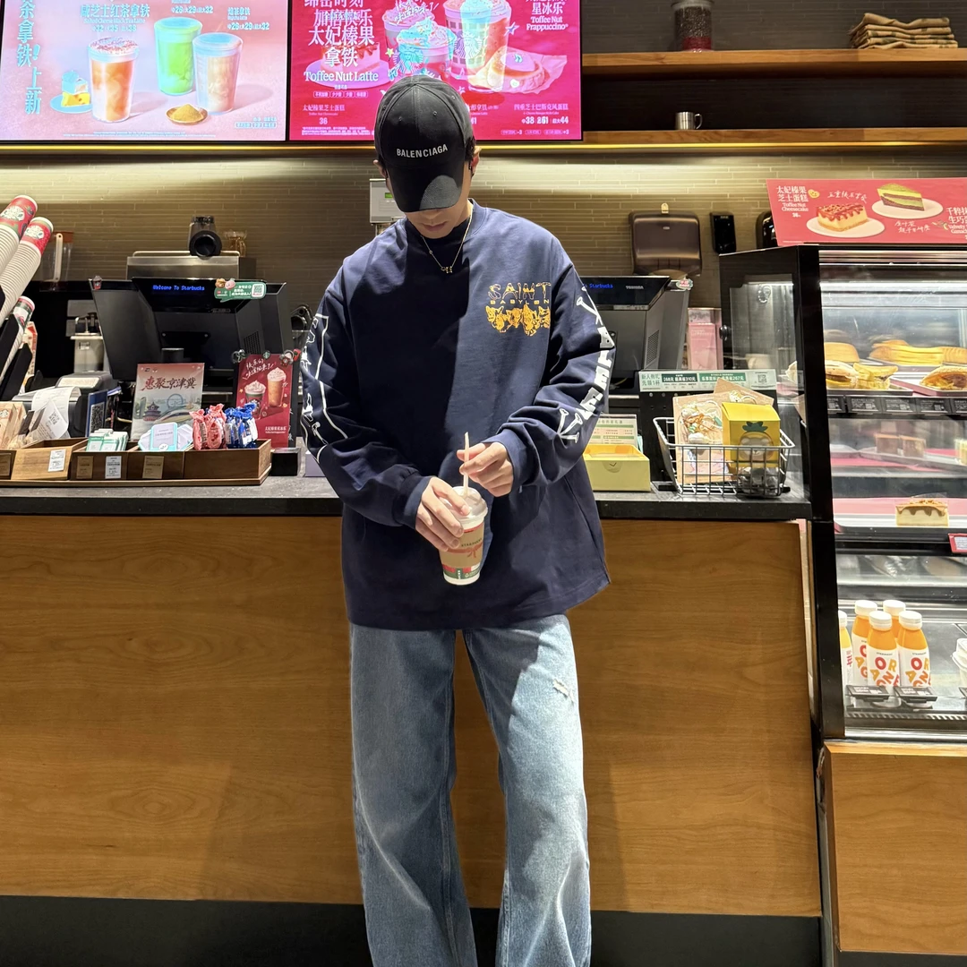 宽松【狼印花长袖T恤】男女同款D28388