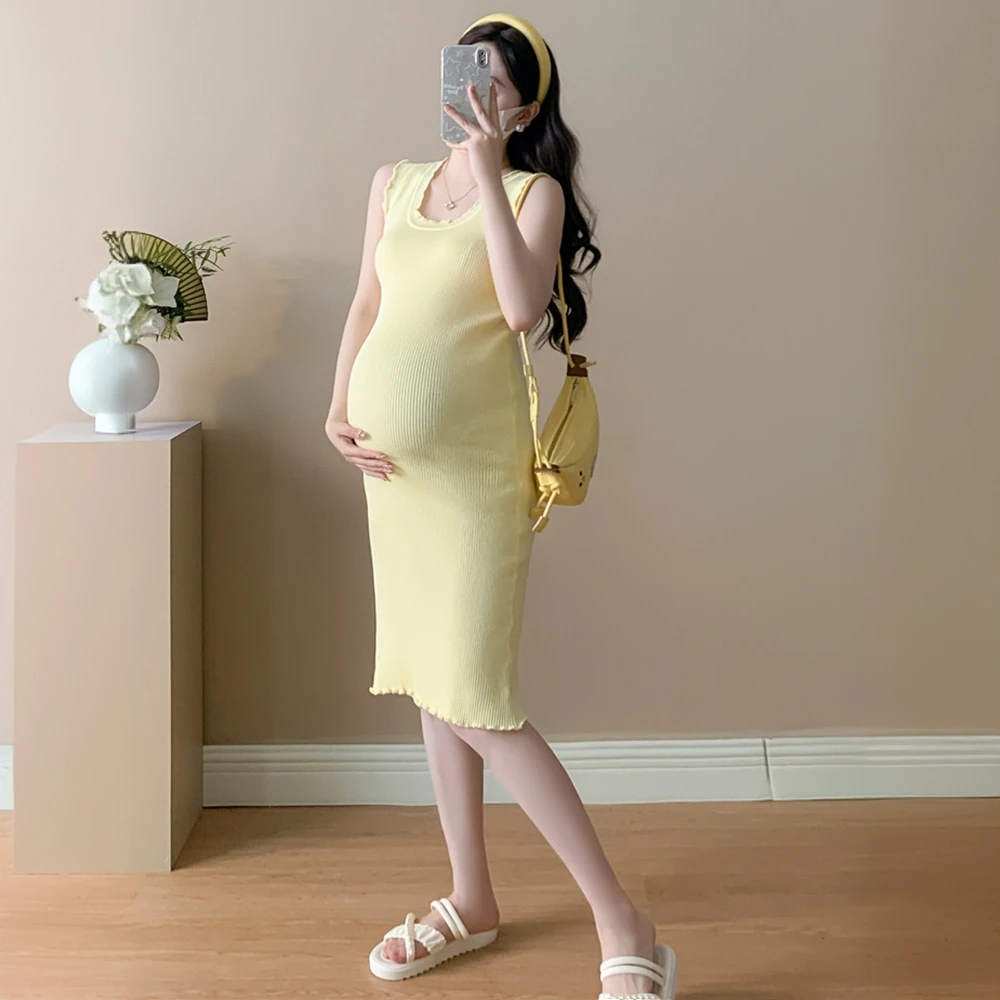 孕妇连衣裙夏装新款时尚木耳边中长款夏季包臀显瘦针织背心裙子女