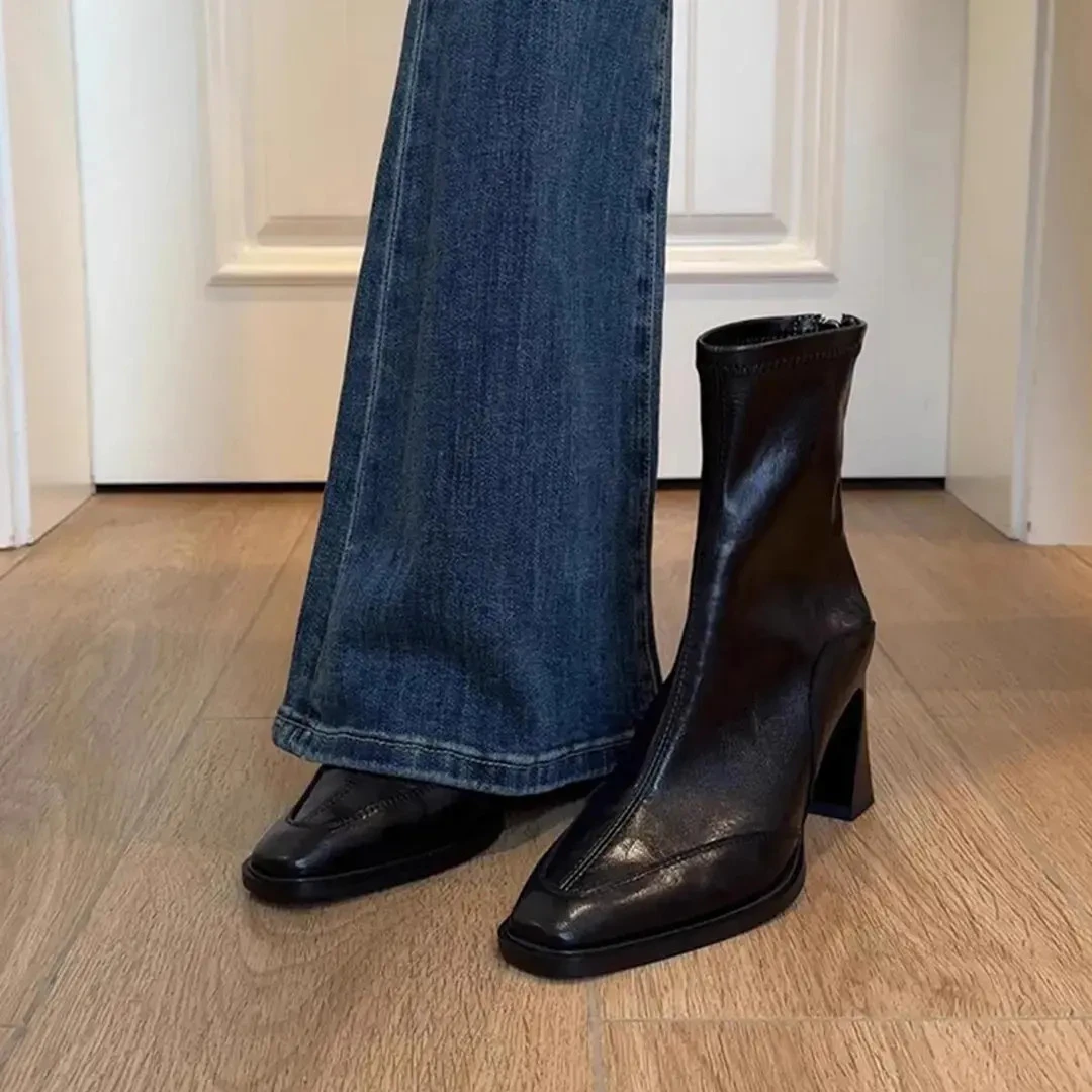羊皮版~真皮高跟短靴弹力瘦瘦靴女后拉链洋气通勤百搭马丁靴靴女
