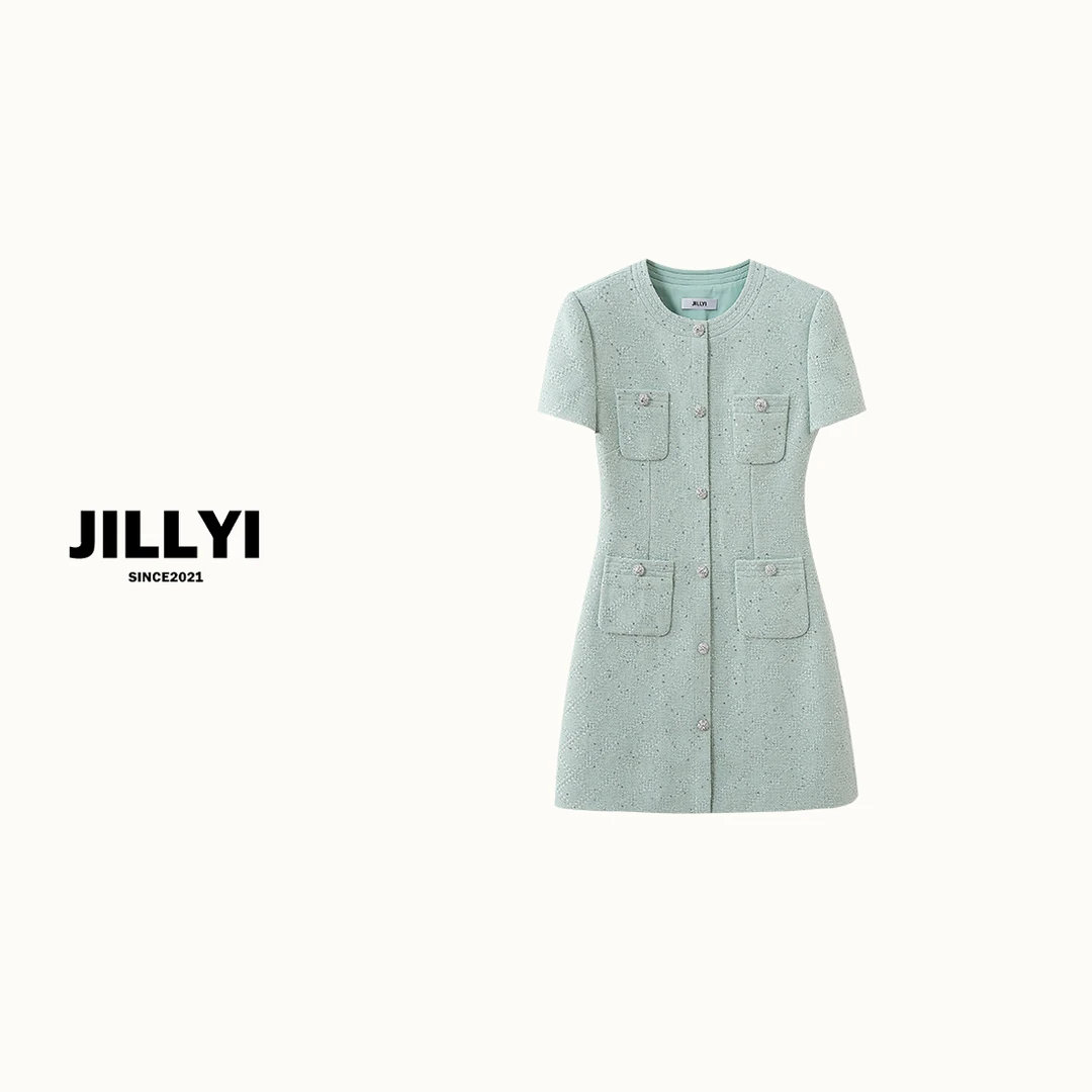 JILLYI南山店【夏夜萤火】薄荷绿圆领单排扣简约时尚连衣裙气质百搭