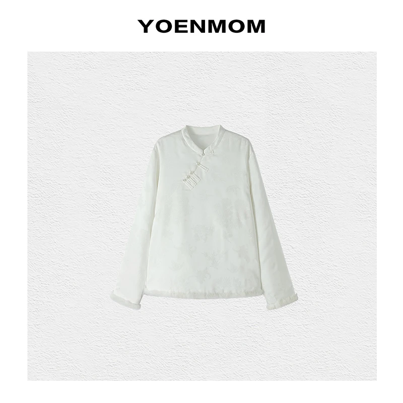 YOENMOM·若梦·冬季新品 国风人丝提花斜襟盘扣拼水貂毛立领棉服