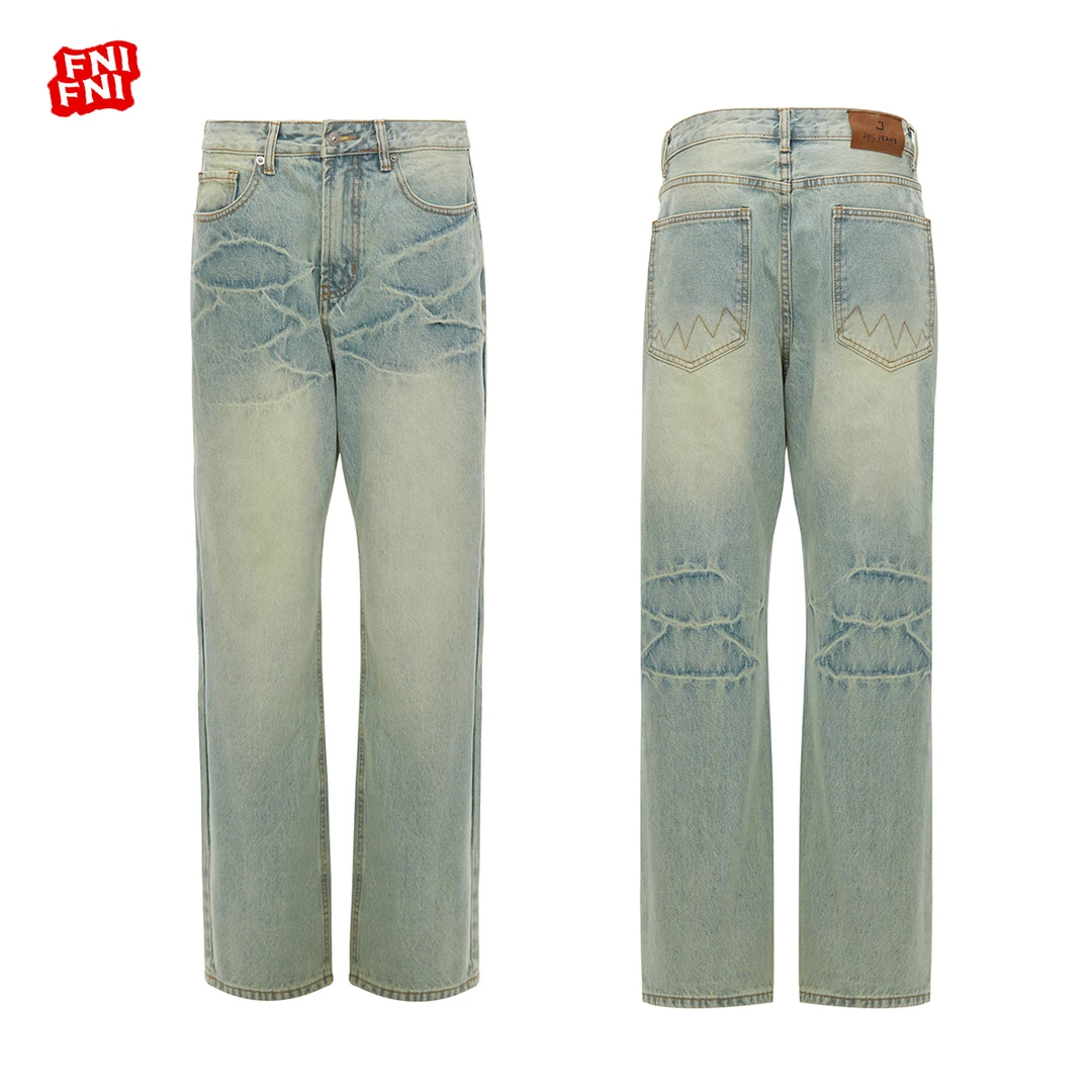 FNI 拉链水洗赤耳微弹冰蓝破洞牛仔裤牛仔裤美式宽松