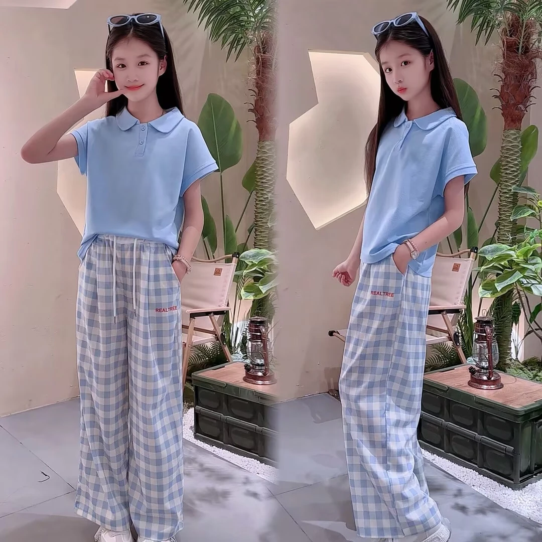女童夏季新款套装显瘦蓝色时尚休闲格子阔腿+Polo领短袖两件套潮8