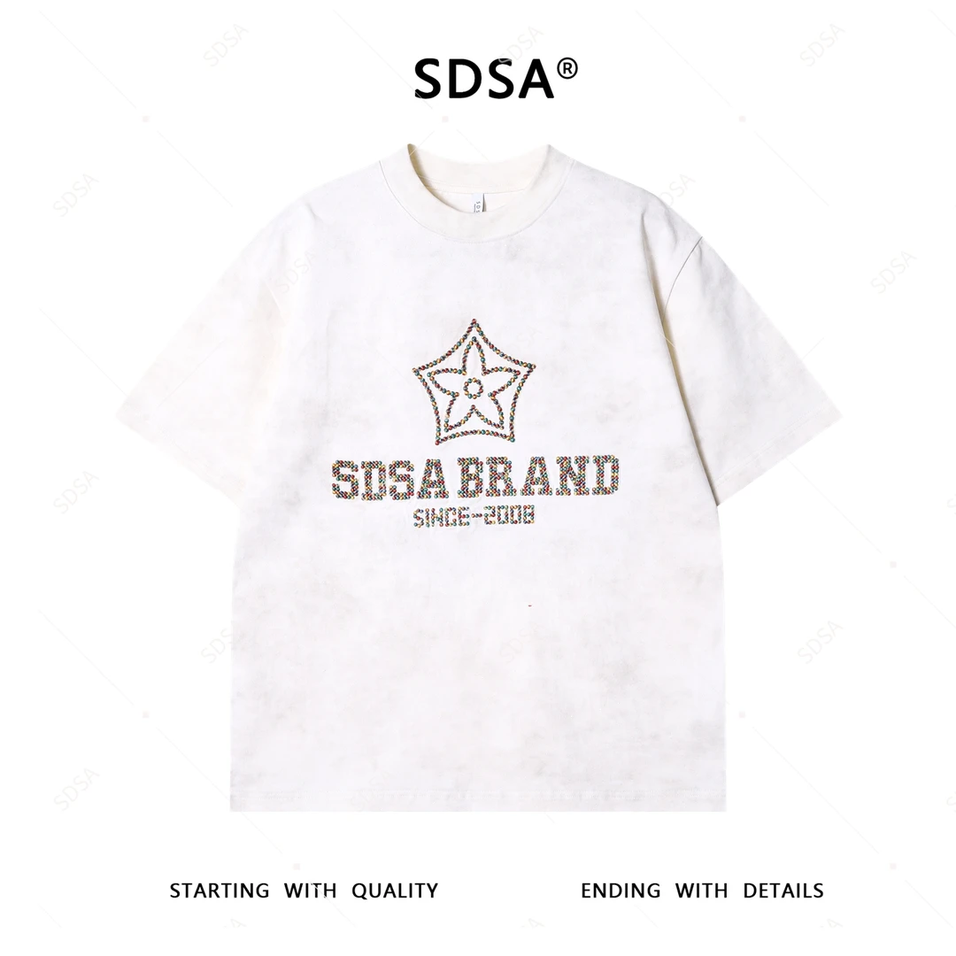 夏季高级感新款男士美式满天星彩色字母刺绣设计短袖T恤时尚轻奢