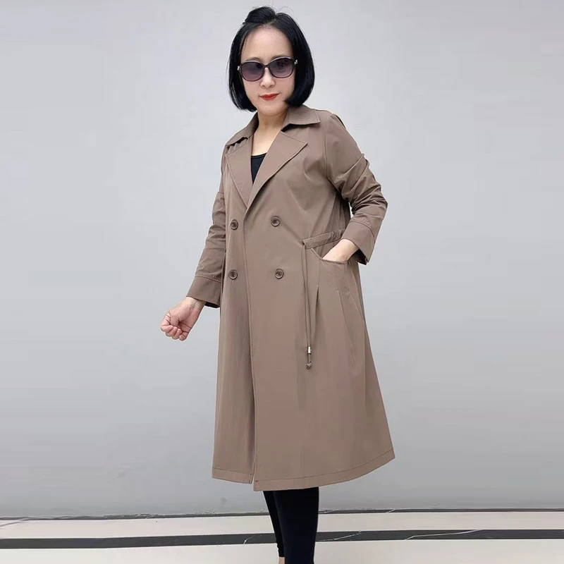 风衣 雅丹风中长款西装领正肩宽松气质妈妈大码双排扣薄款外套
