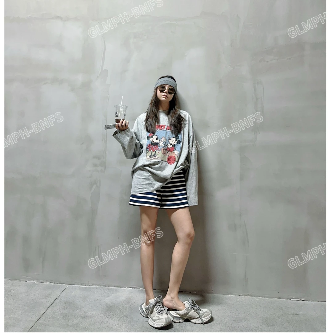 GLMPH-BNFS【恋爱米奇】卡通动漫小众印花宽松圆领长袖百搭T恤-835