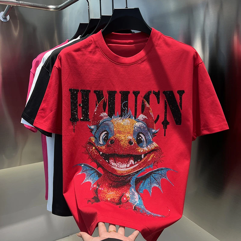 2025春夏新款男装休闲时尚百搭半袖潮流烫钻套头潮牌T恤短袖