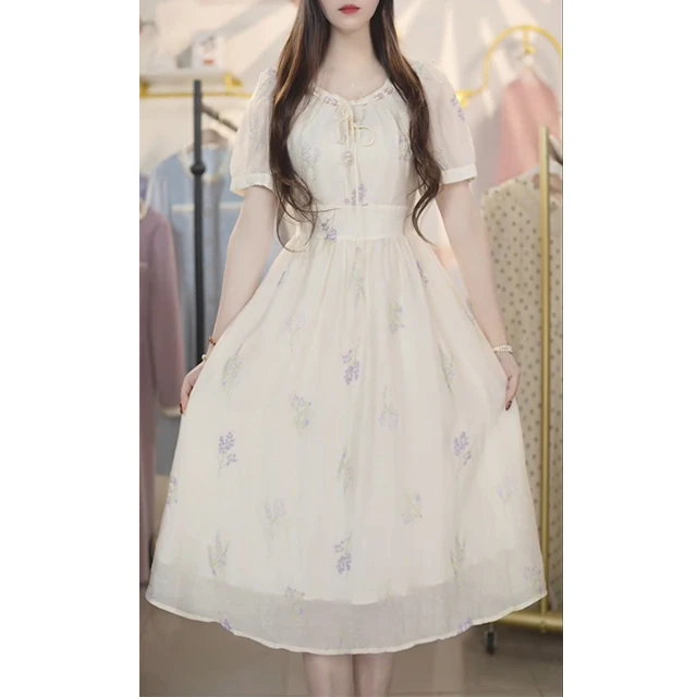 L7241大码气质连衣裙2025夏季温柔风别致碎花遮肚子收腰显瘦裙子