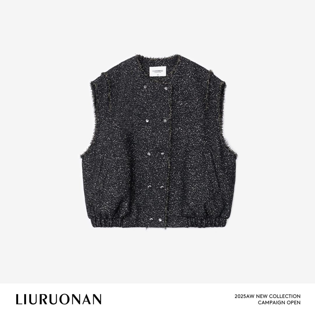 LIURUONAN 25WIN【粗花呢金丝马甲】粗花呢毛边圆领无袖白鹅绒马夹