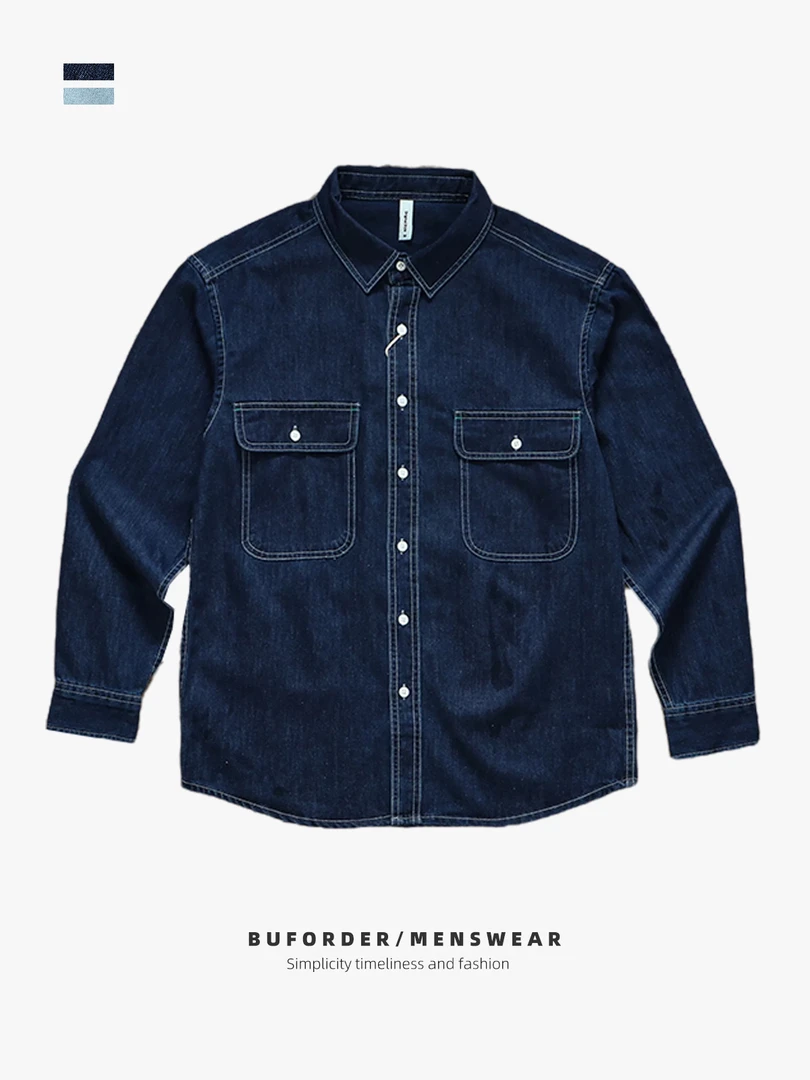 春秋男款牛仔翻领长袖衬衫双口袋美式工装风宽松衬衣休闲复古日系