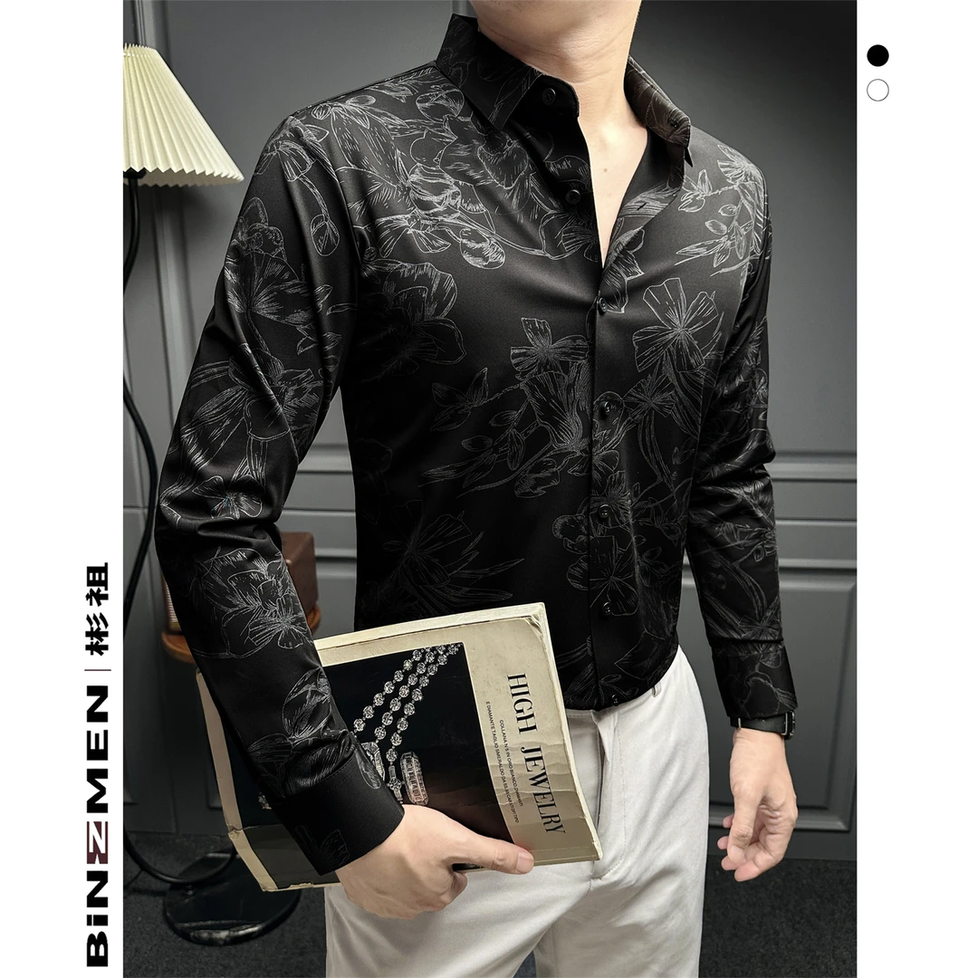 国风印花垂感衬衫男长袖男款秋季新款痞帅修身百搭新中式男士衬衣