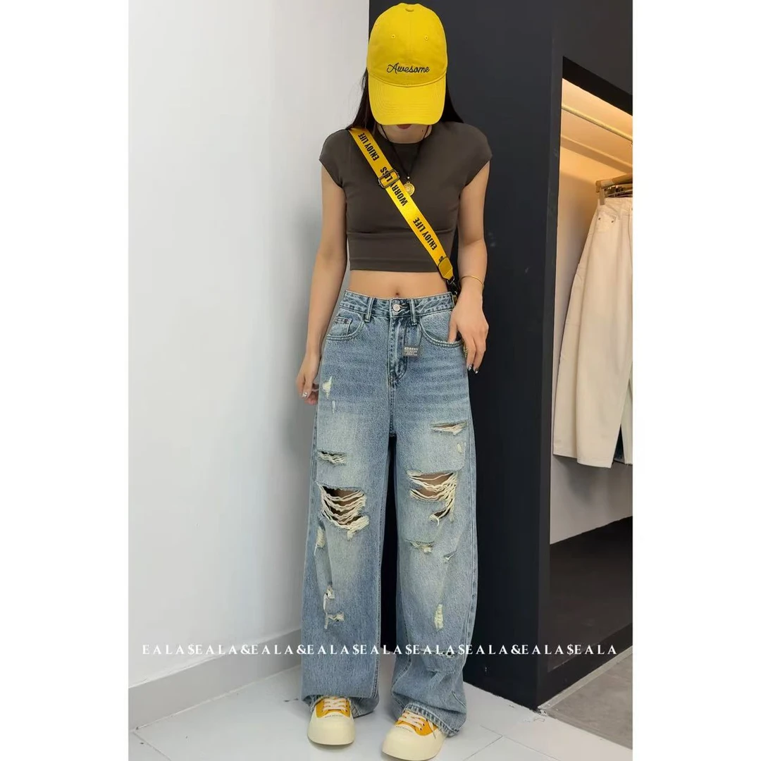 EZ8558-夏季新款直筒裤磨烂破洞设计高级感无弹水洗直筒堆堆裤