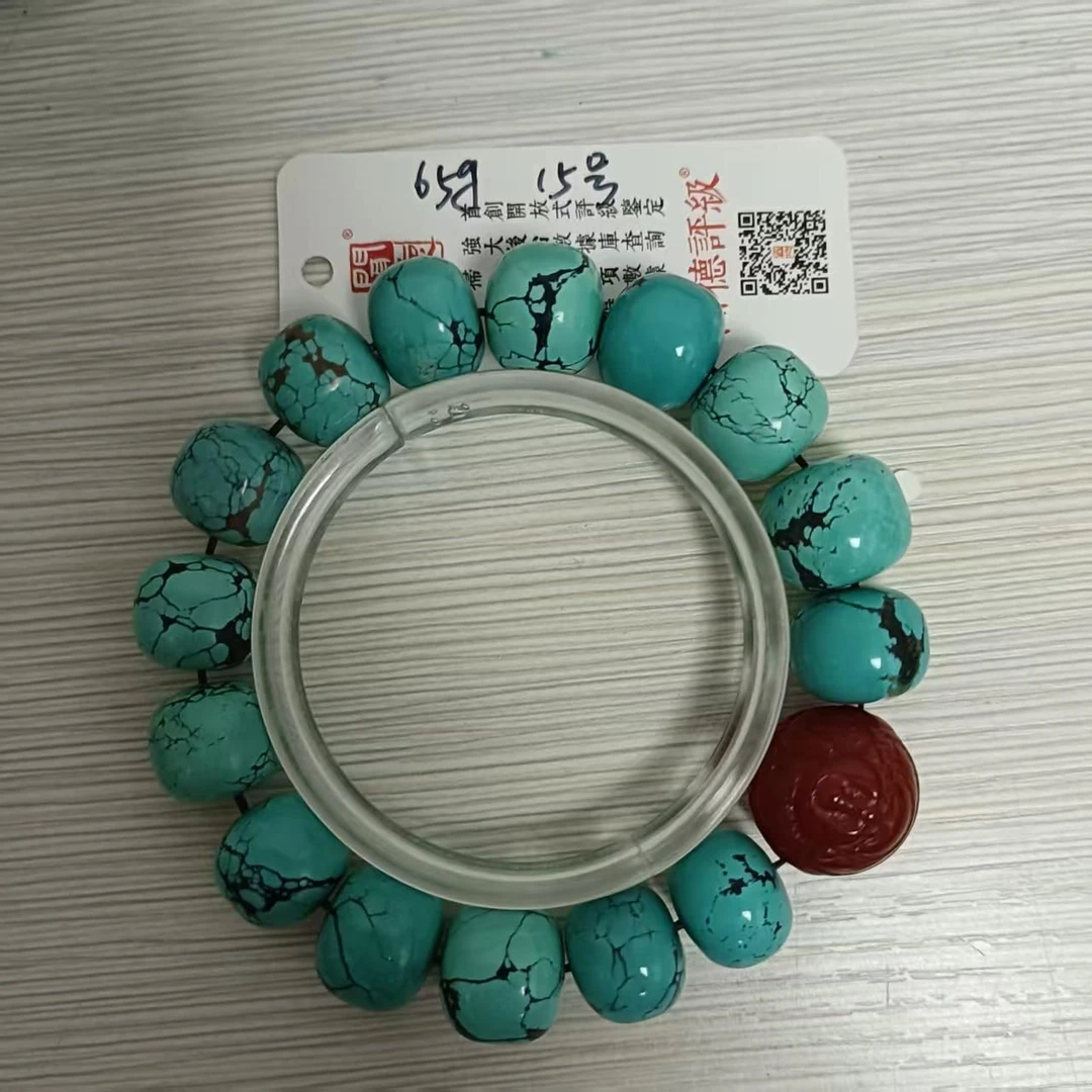 【绿松石】LS4806 民国 老矿绿松 苹果珠 南红龙纹顶珠 手串