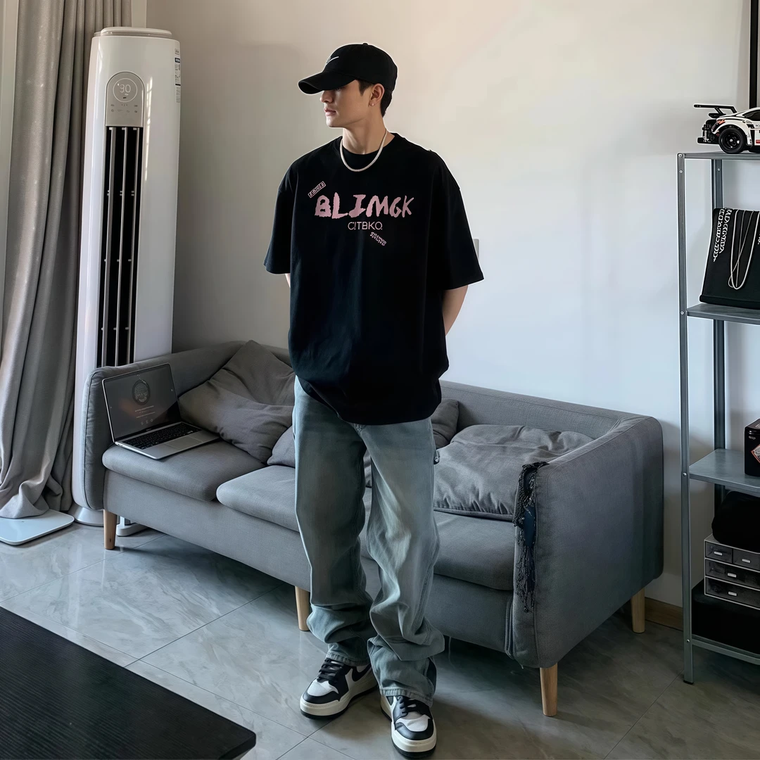 美式黑色短袖t恤男士2025年夏季新款创意字母印花纯棉潮牌上衣ins