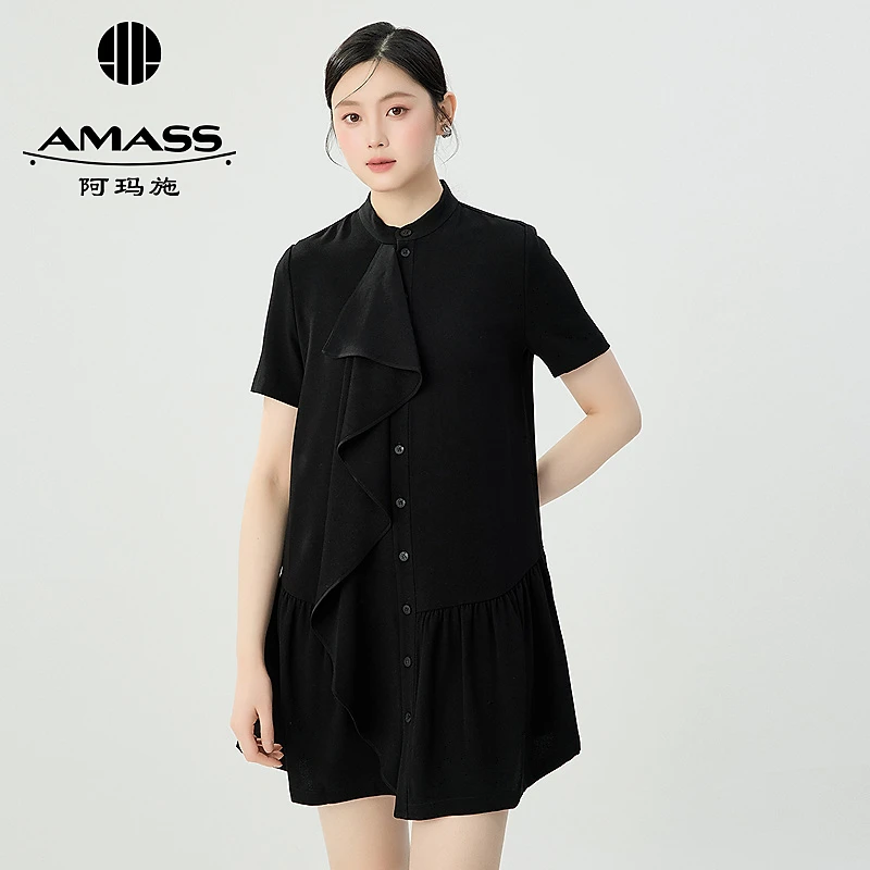 阿玛施AMASS小立领短袖荷叶边下摆剪接宽松洋装连衣短裙女550003