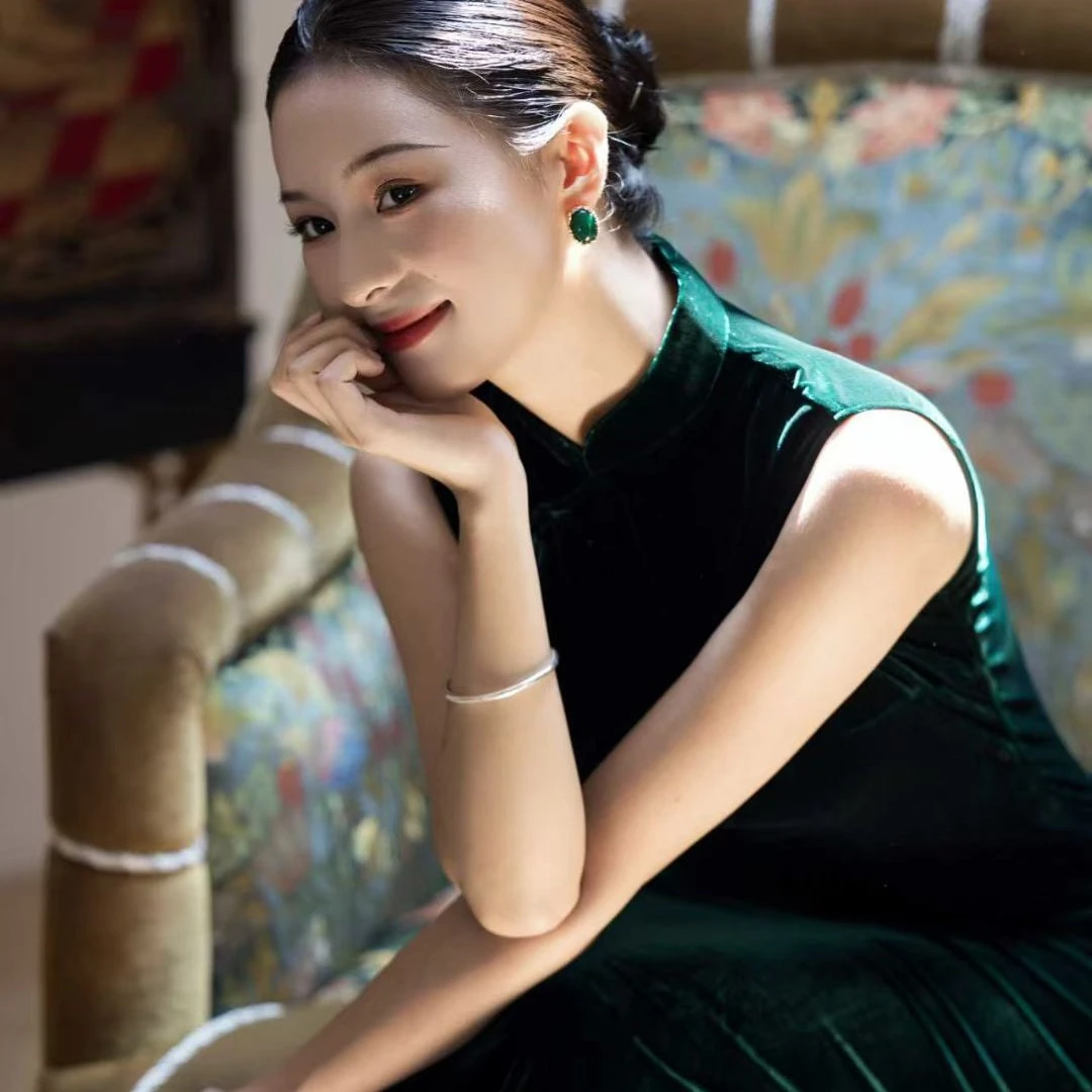 三小姐（冷翠）长125+秋季新款港风丝绒日常改良墨绿色无袖旗袍