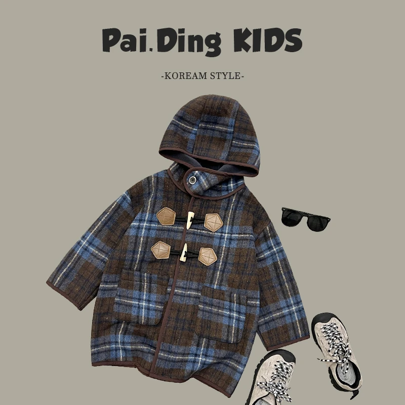 【小首尔】现货-qc7冬装儿童格子休闲加绒中长款连帽外套HCXZ3779