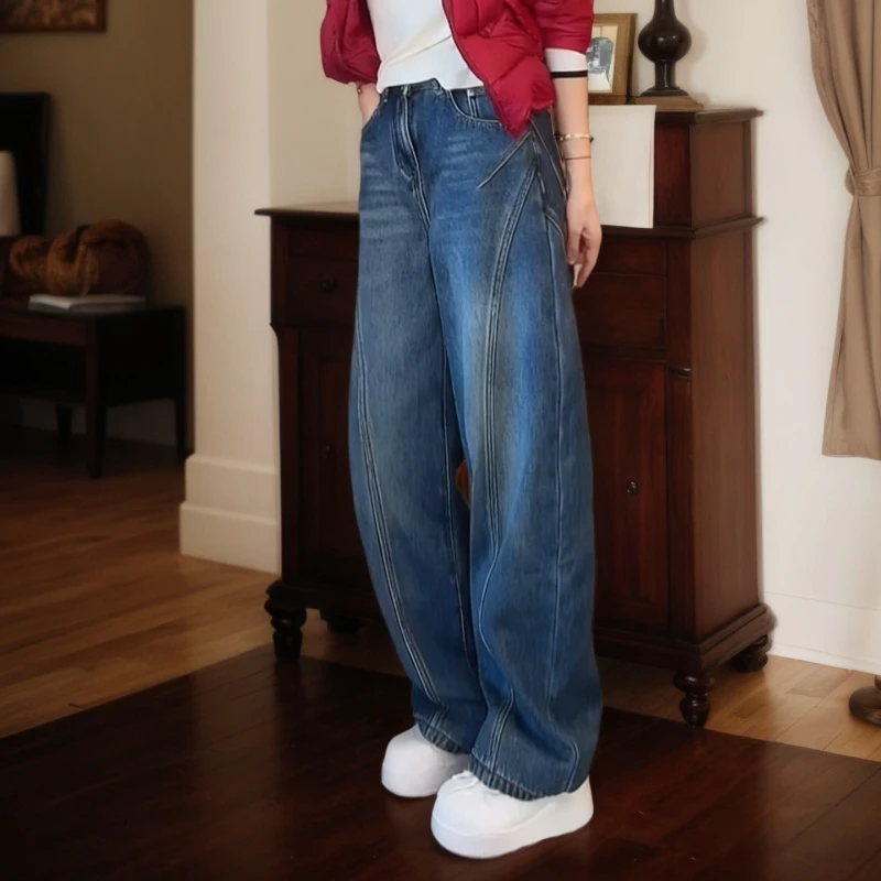 秋冬新款韩系百搭显瘦设计感线条加厚加绒牛仔裤LK2508375