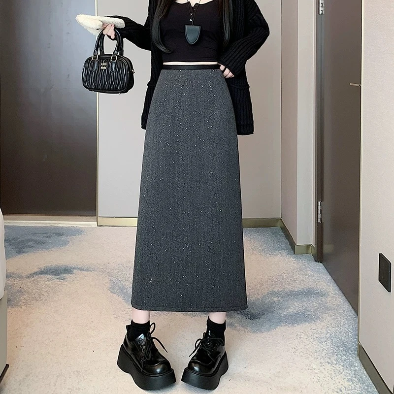 亮片毛呢半身裙女秋冬中长款高腰显瘦时尚开叉加厚a字包臀裙裙子
