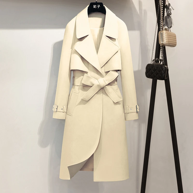 【纪朵研】880#女中长款秋季纯色长款米白色风衣休闲外套女装工装风