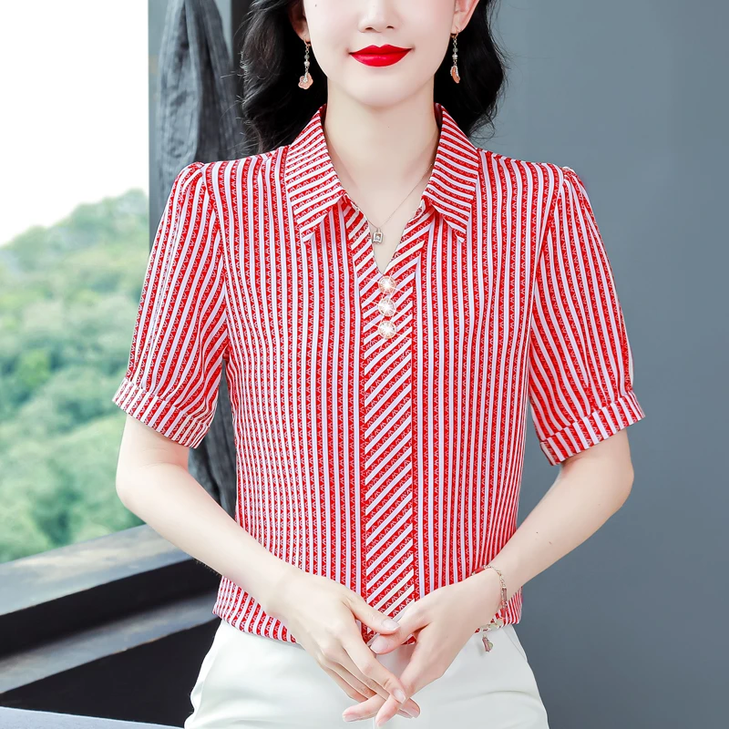 条纹中年女士衬衫女夏季新款短袖洋气百搭宽松显瘦桑百搭衬衫女