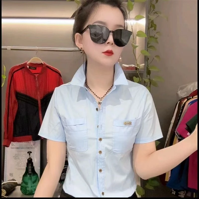 糖果色方领单排扣短袖修身舒适优雅夏季棉质衬衫女通勤