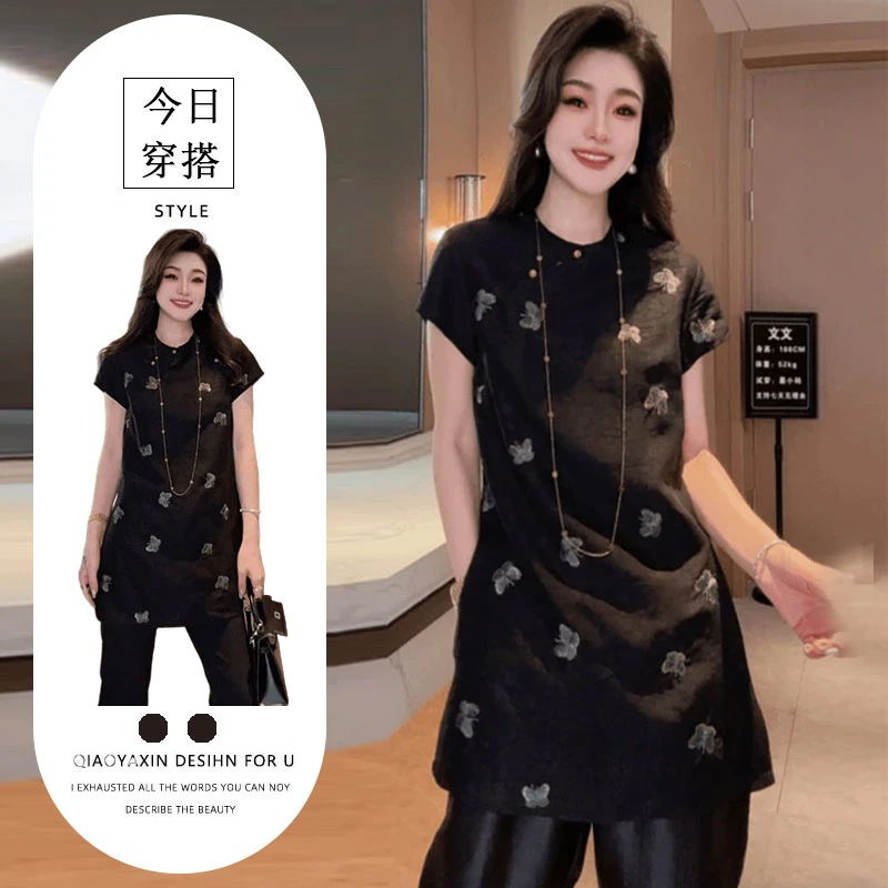 黑色立领斜襟短袖T恤女夏季时尚新中式国风重工蝴蝶印花上衣