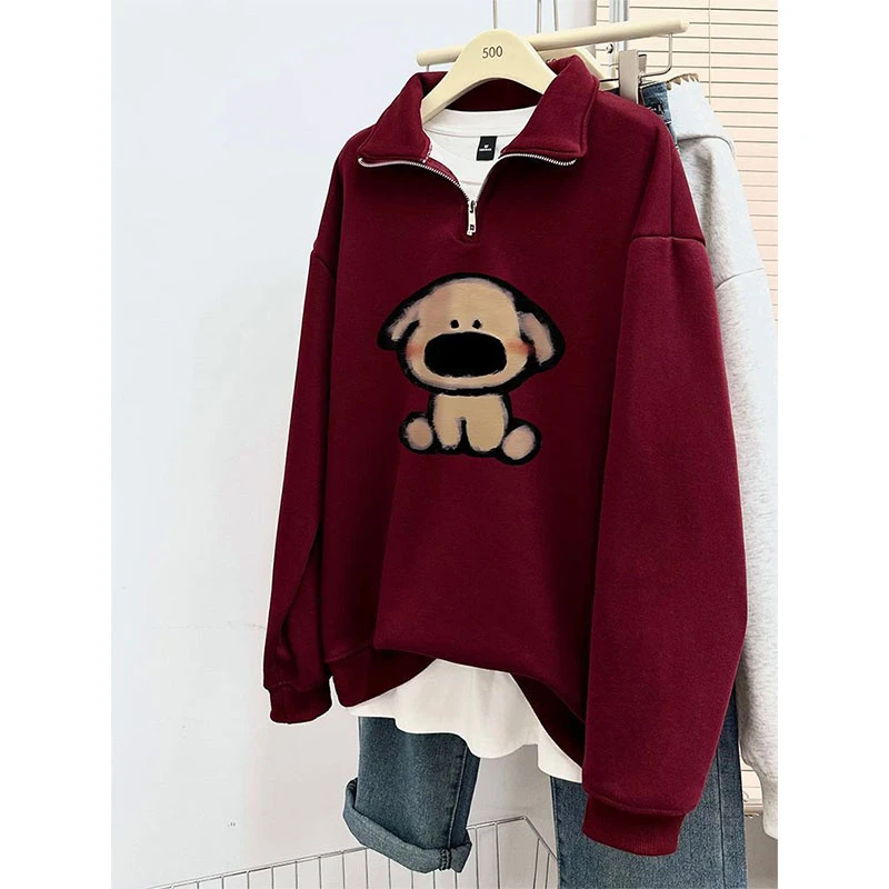 谁穿谁好看！加绒加厚Polo领半拉链卫衣外套女秋冬季宽松长袖上衣