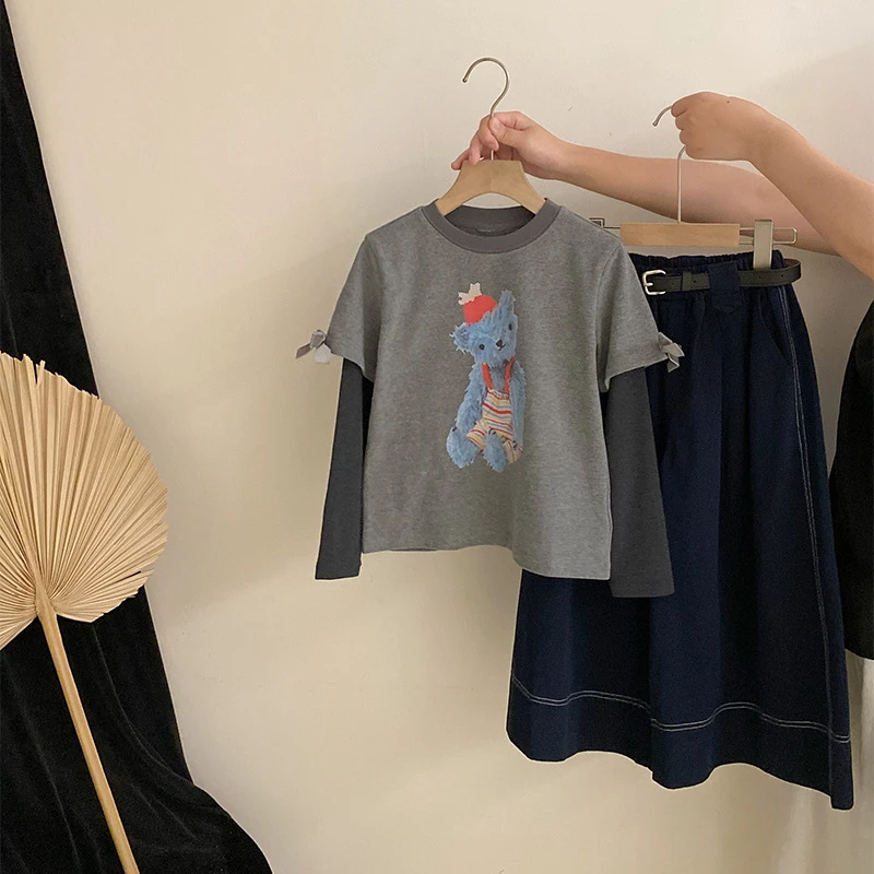 【安安家】女童韩版卡通小象假两件上衣洋气休闲阔腿裤两件套R25484