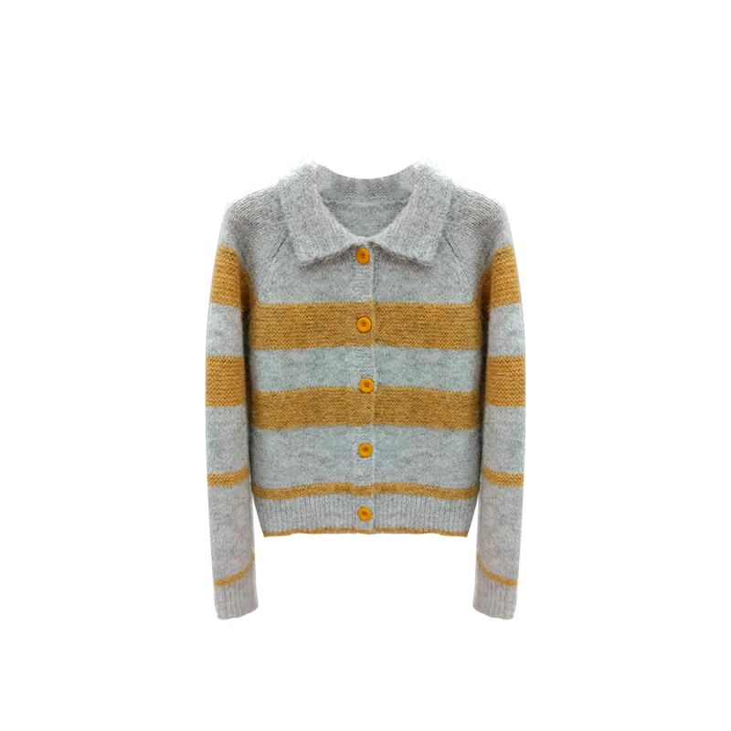 HY 条纹毛衫女上衣拼色毛针织衫宽松V领针织开衫-2627
