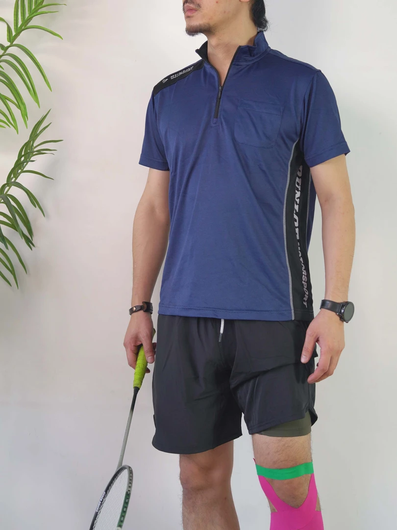 日单邓禄普羽毛球服轻量化吸湿排汗户外立领短袖拼接运动T恤男