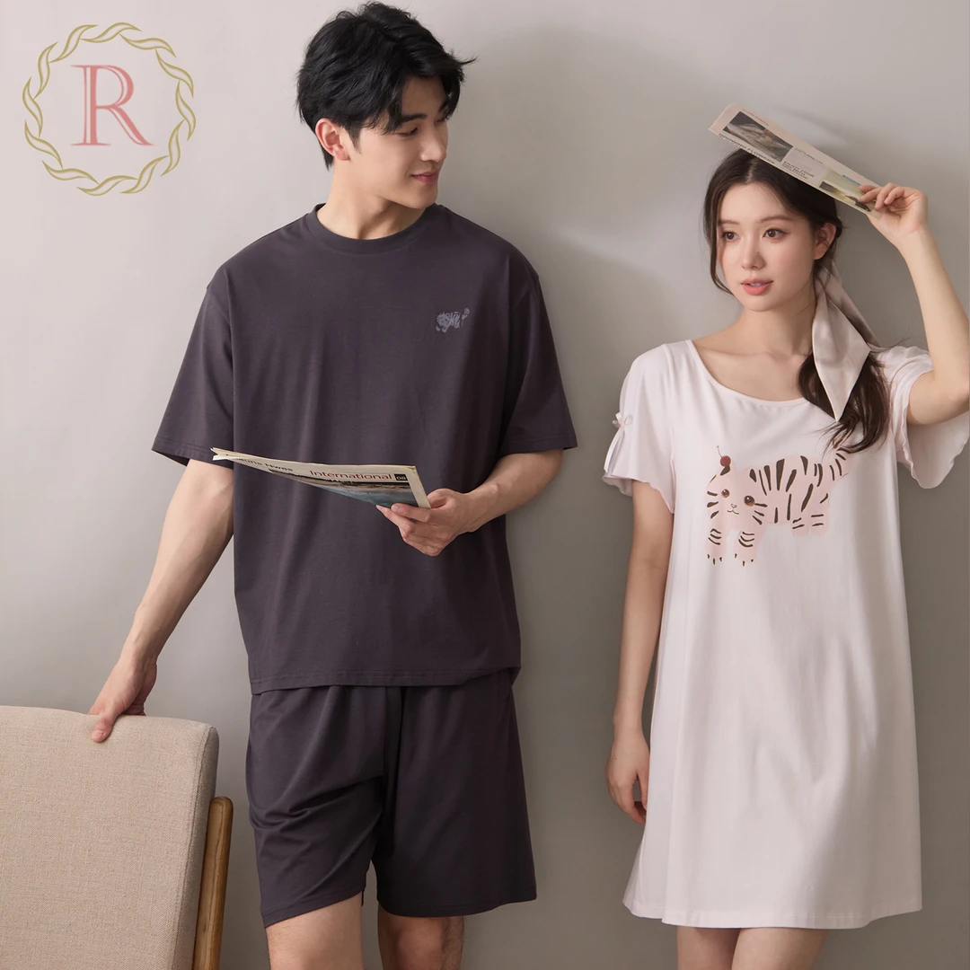RoseTree睡衣情侣装夏季短袖卡通宽松睡裙女短袖短裤家居服套装男