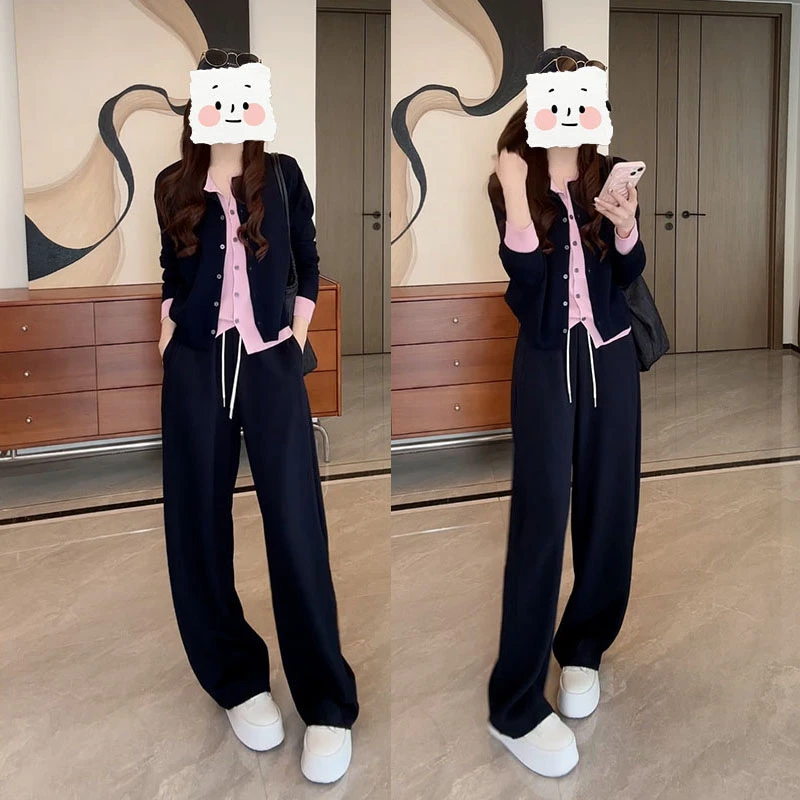 早秋时尚通勤风宽松百搭显瘦撞色假两件针织衫休闲卫裤慵懒风套装