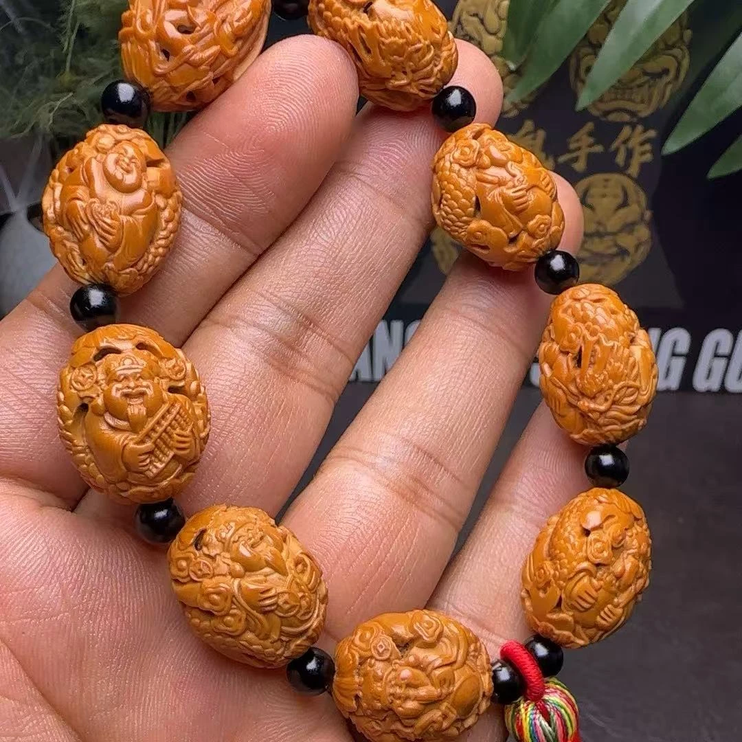 文玩橄榄核镂空财迷手串橄榄核雕手工精雕