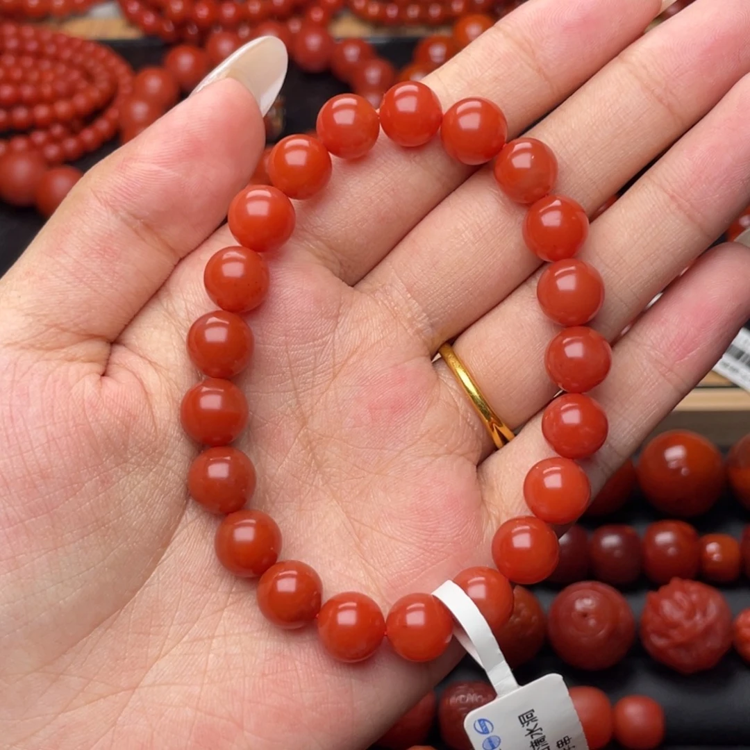 南红玛瑙未镶嵌手串Y9mm收藏滴水洞锦红手串
