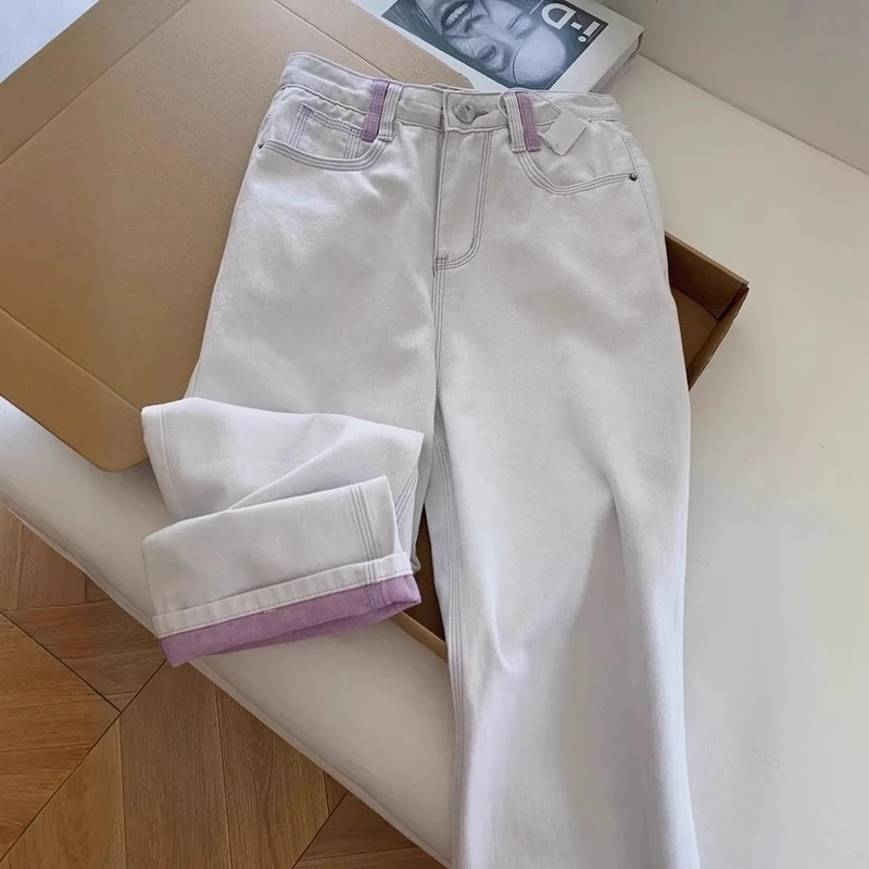 大码女装梨形身材宽松高腰显瘦直筒法棍裤撞色卷边高腰阔腿牛仔裤