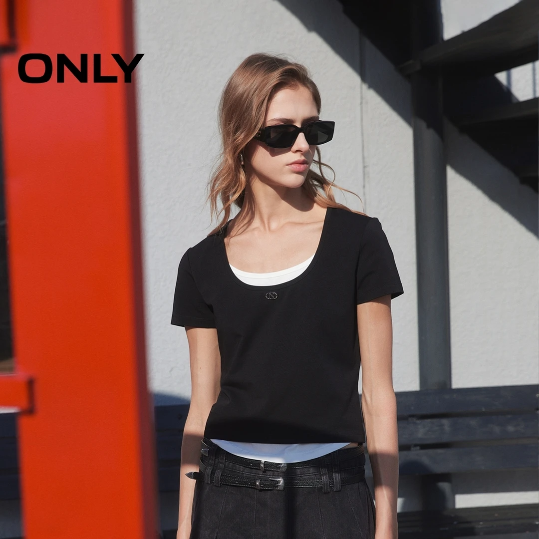 【金拐子专属】ONLY新款时尚百搭假两件拼接U领正肩T恤女|124201119
