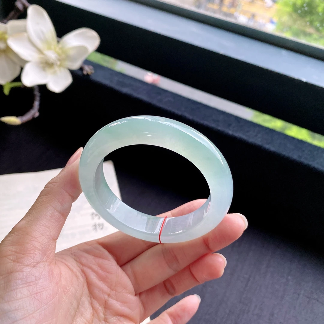 好色珠宝 圈口54缅甸老坑A货冰种晴水正圈女款翡翠手镯