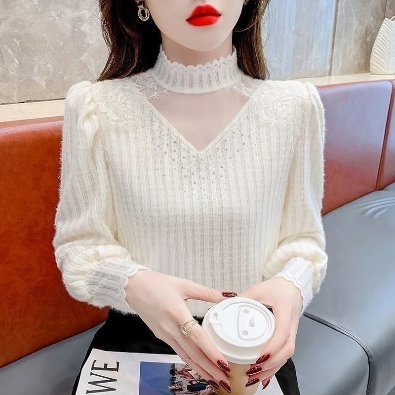 半高领磨毛蕾丝打底衫女时尚设计感上衣2025秋冬新款洋气高贵小衫