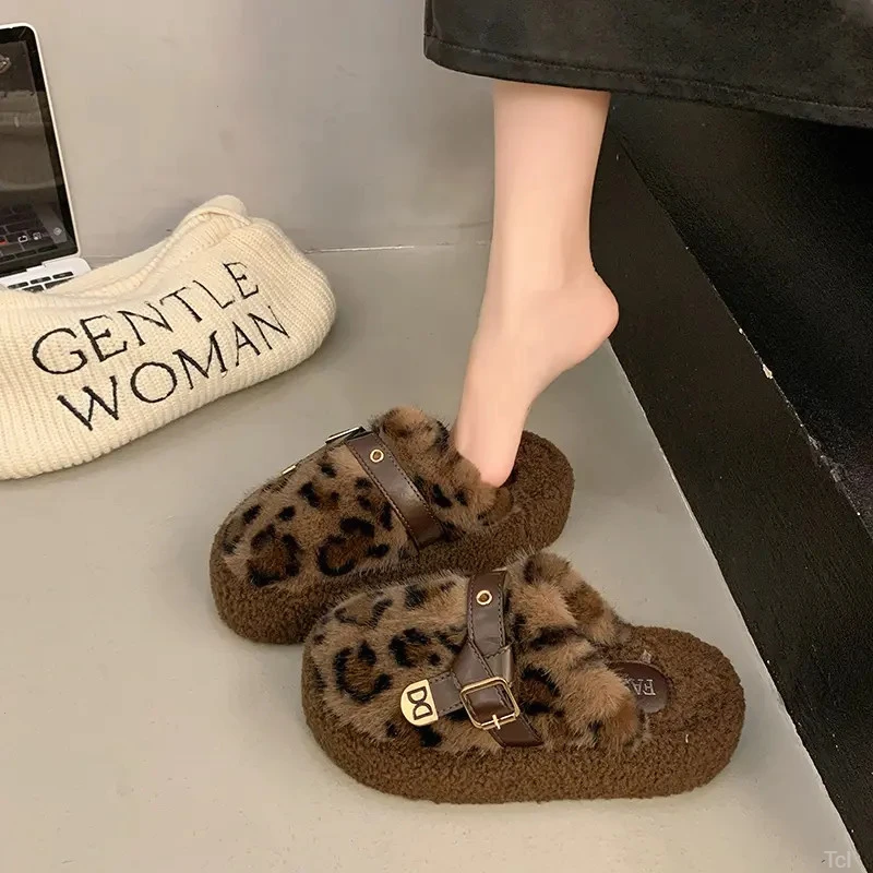 包头半拖鞋女外穿2025秋冬新款松糕厚底豹纹毛毛拖鞋洋气保暖棉拖