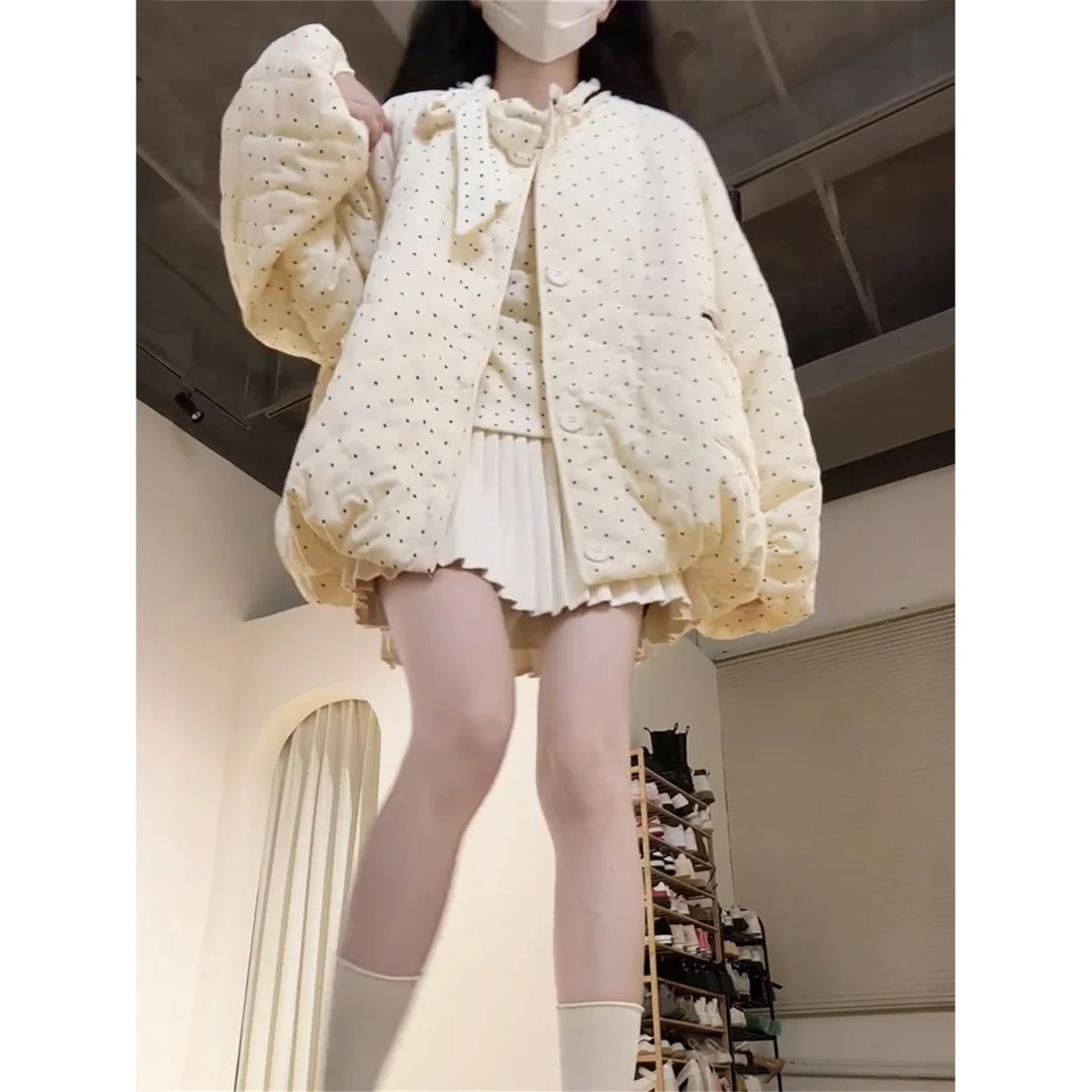 韩系甜美小个子波点设计加厚服女学生2025冬季可爱保暖防寒外套