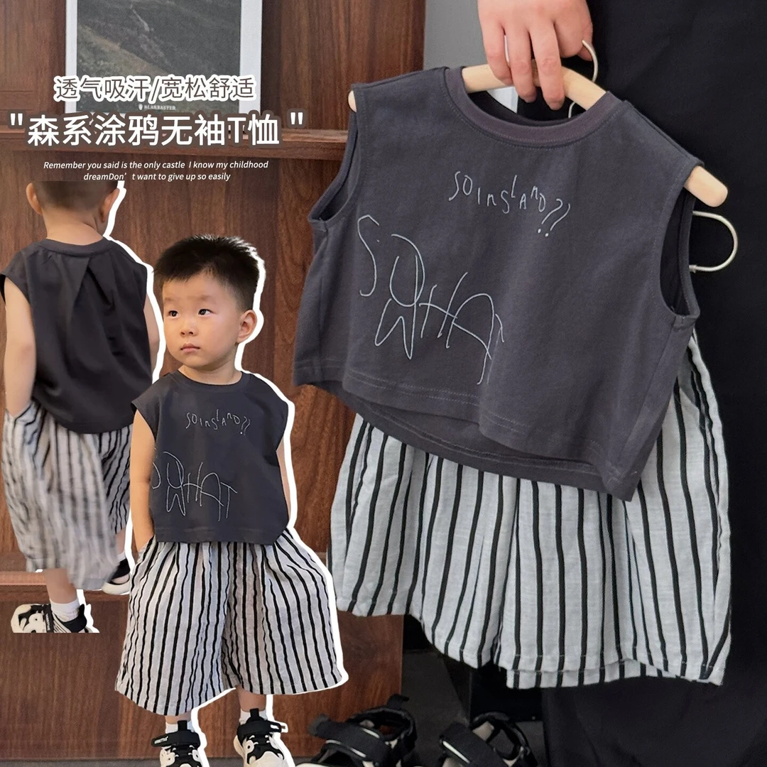 《夏上新》韩版儿童涂鸦字母圆领无袖T恤夏季男女童背心25XL1015